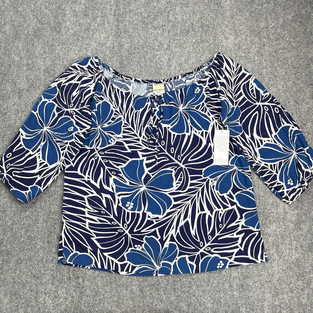 Kalaheo Hawaiian Top Womens 2X Navy Black Floral Adjustable Tie Front  NEW W Tag